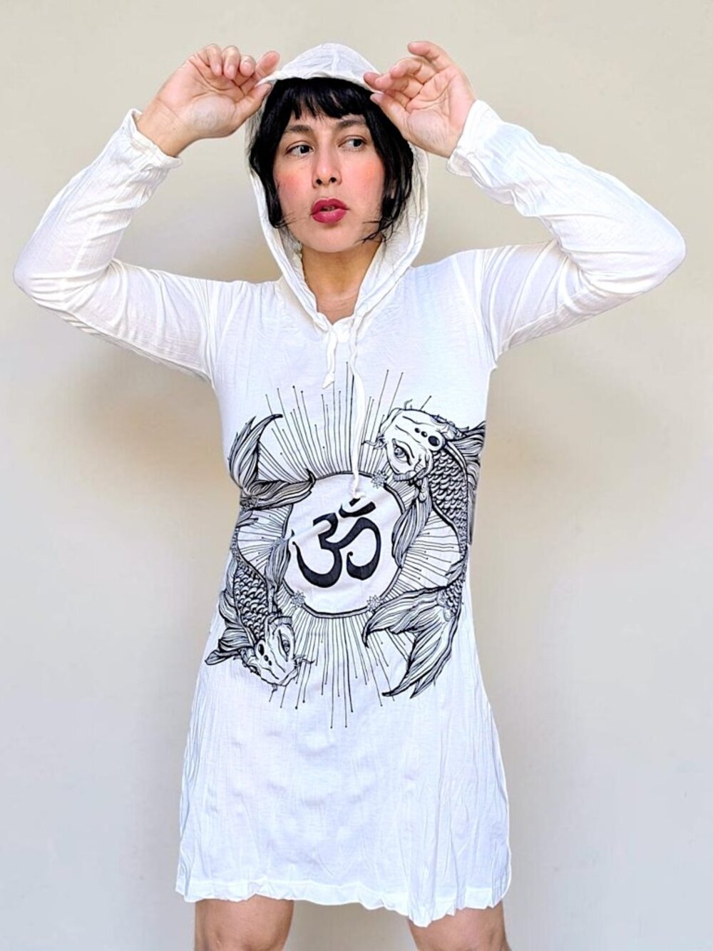 Koi fish Infinite tattoo art off white fairy boho semi sheer hooded tunic W's S